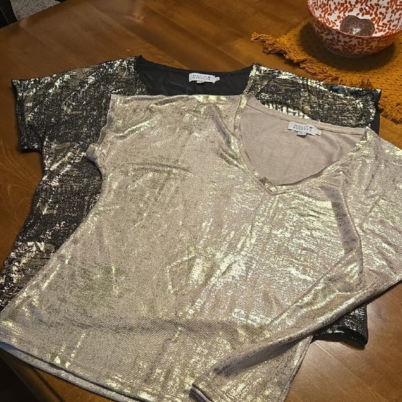 Molly Bracken Shimmering Gold and Black V-Neck T Shirts - Picture 1 of 5